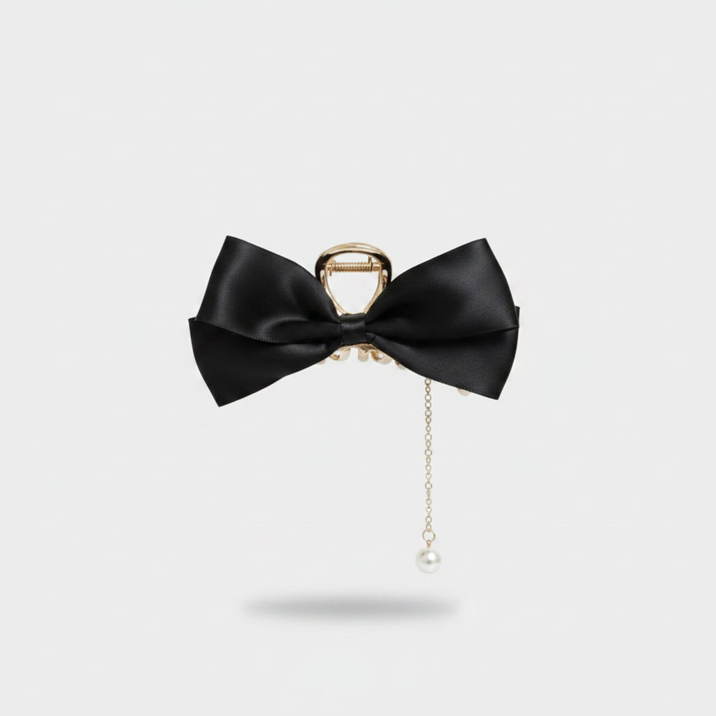 Black Satin Bow Hair Claw With Pearl Charm
