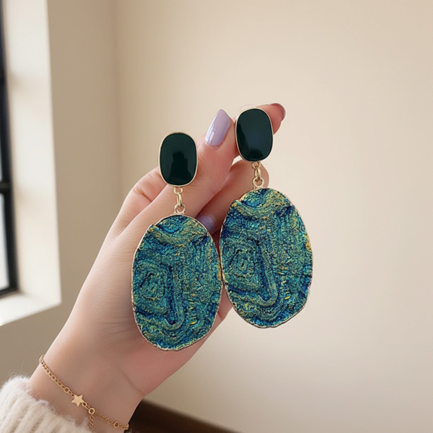 Teal Blue Oval Textured Drop Earrings