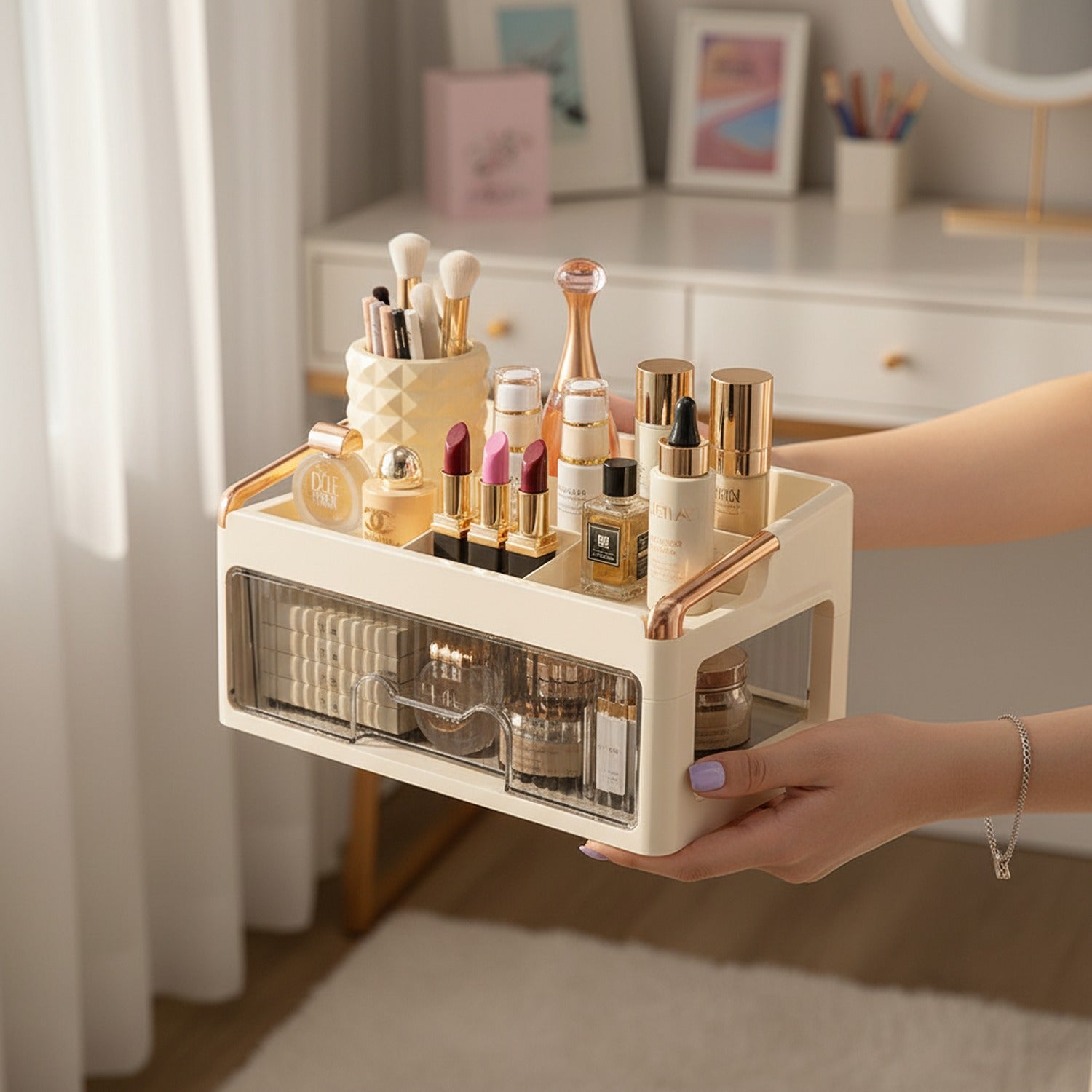 Cream Makeup Organizer With Drawer Storage Box