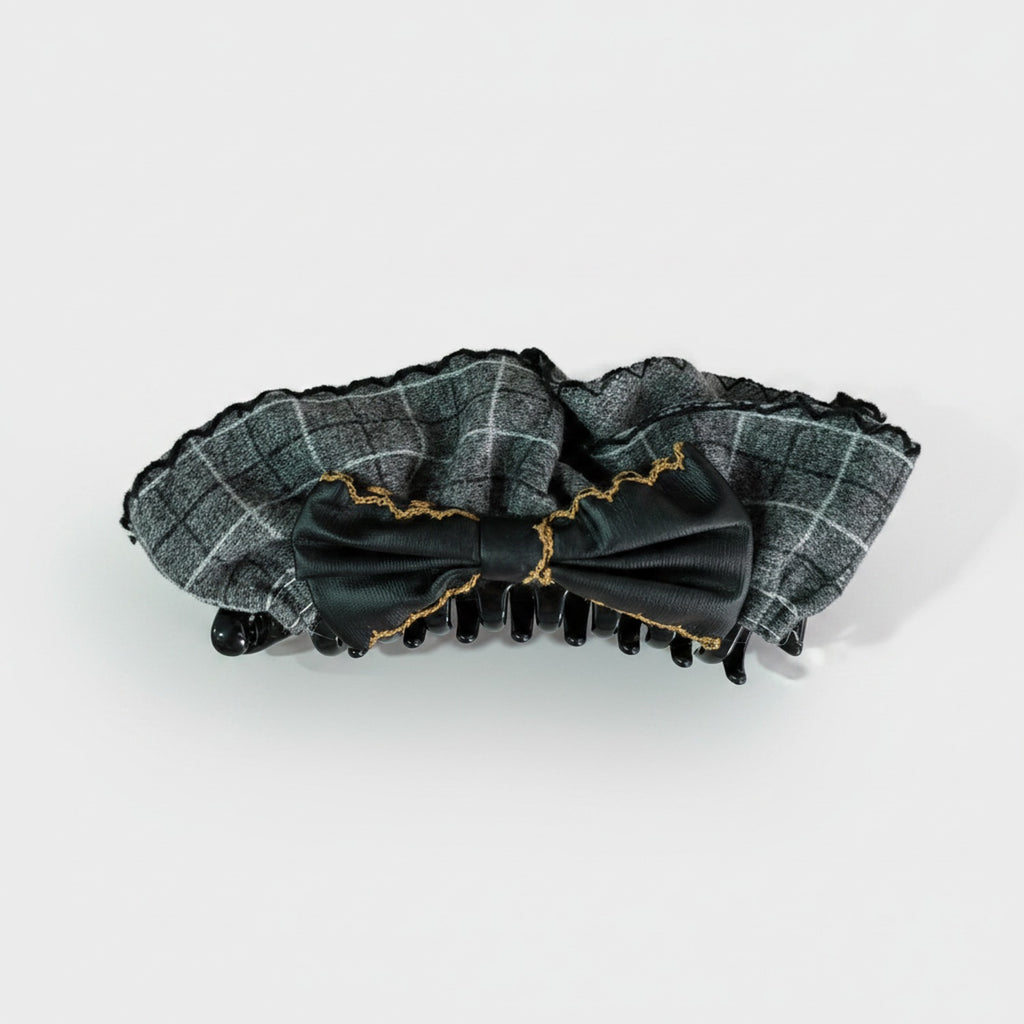 Plaid Hair Claw With Gold Chain Bow