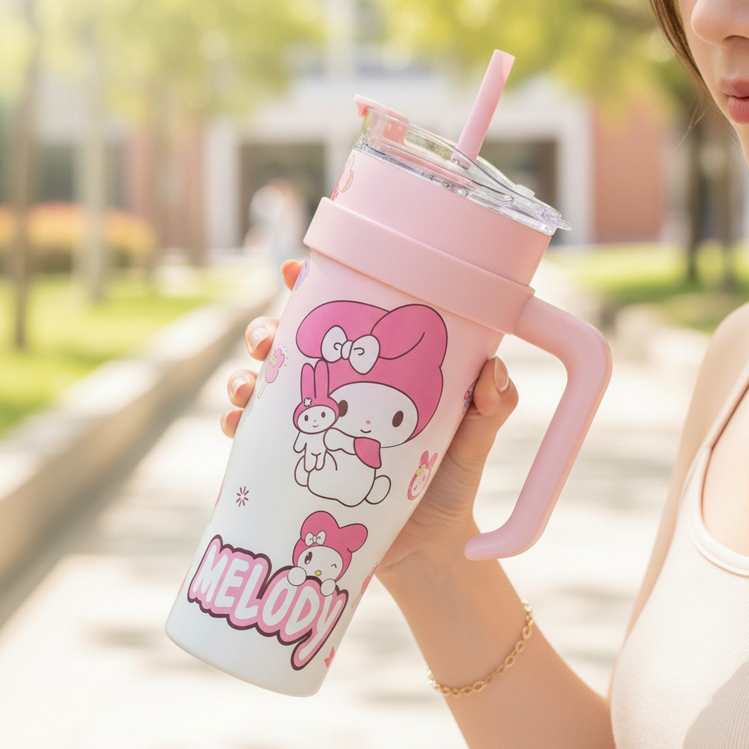 Pink Melody Cartoon Character Tumbler With Handle