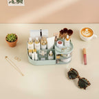 Cream Rotating Cosmetic Organizer With Mirror And Brush Holder