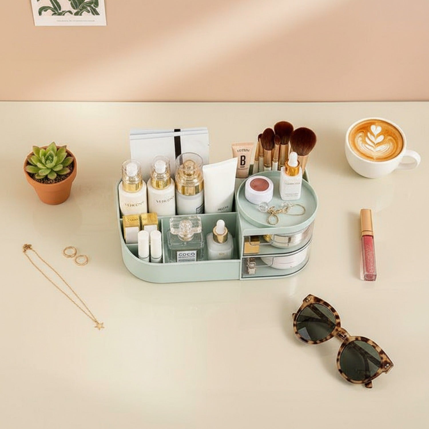 Cream Rotating Cosmetic Organizer With Mirror And Brush Holder