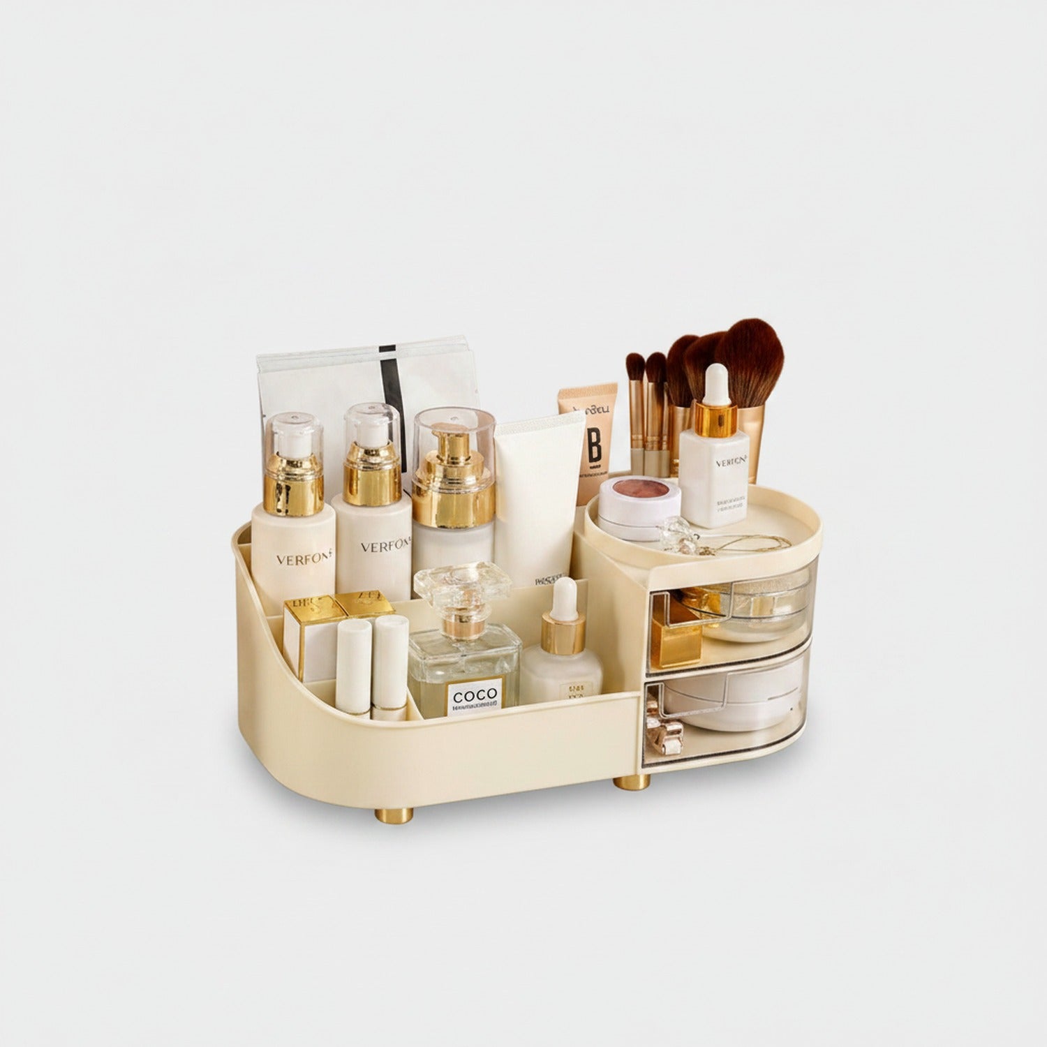 Cream Rotating Cosmetic Organizer With Mirror And Brush Holder