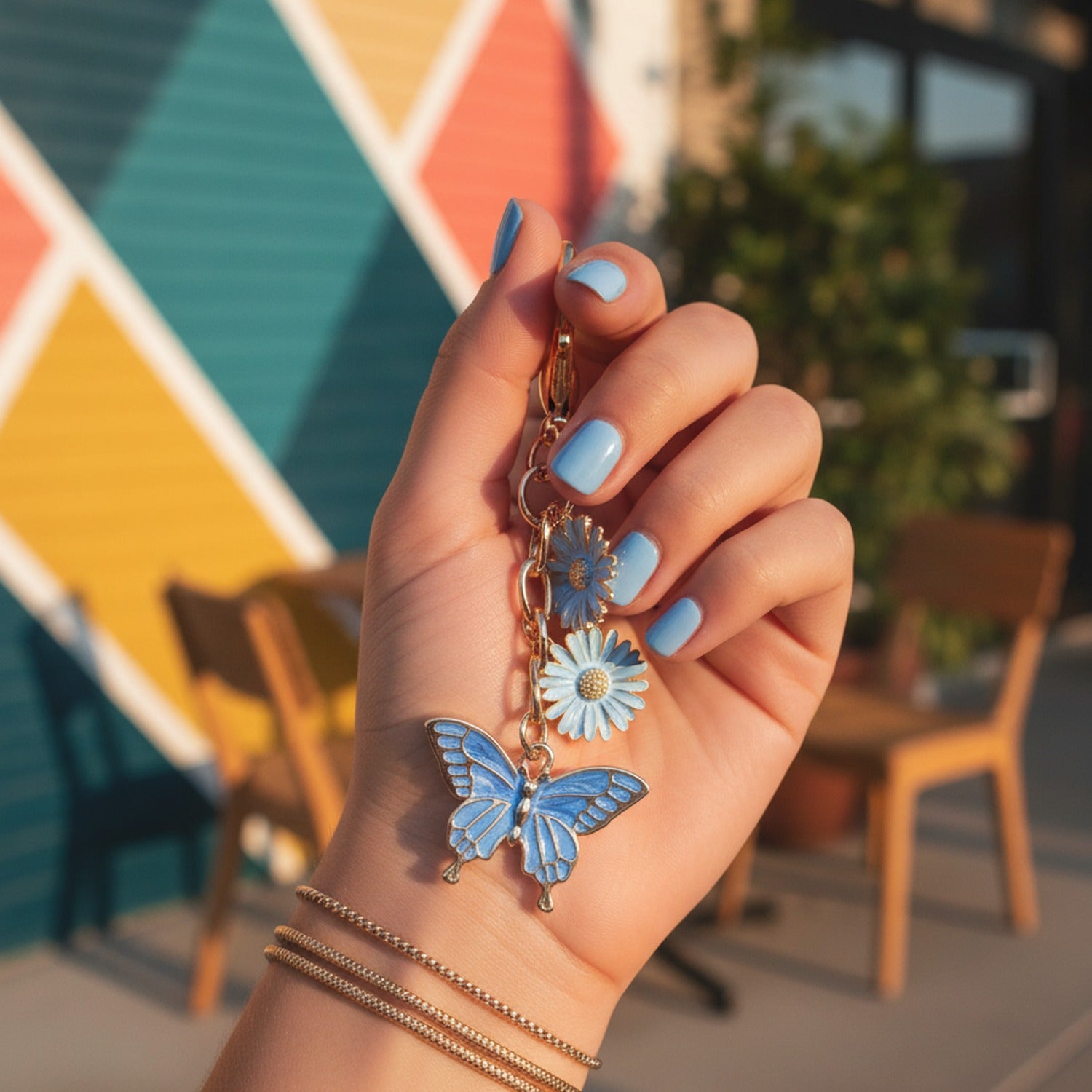 Blue Butterfly Daisy Flower Acrylic Keyring Charm