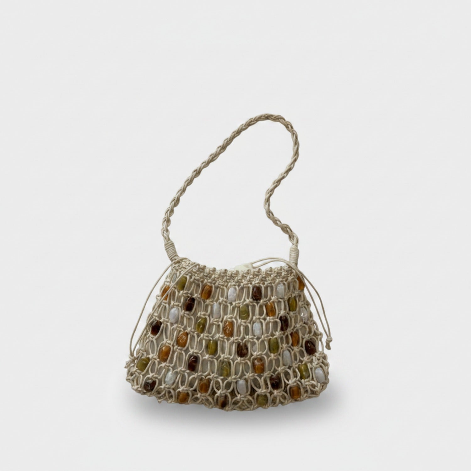 Beaded Macramé Shoulder Bag With Natural Stone Accents