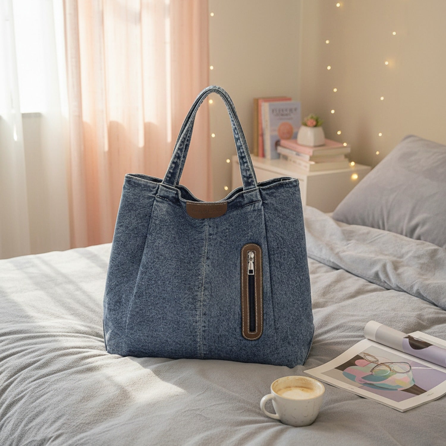 Denim Tote Bag with Brown Leather Trim