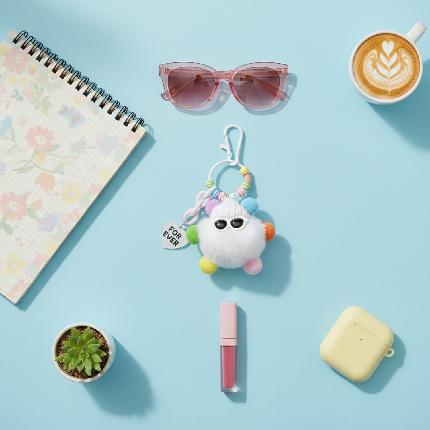 Fluffy White Pom Keyring With Colorful Beaded Chain