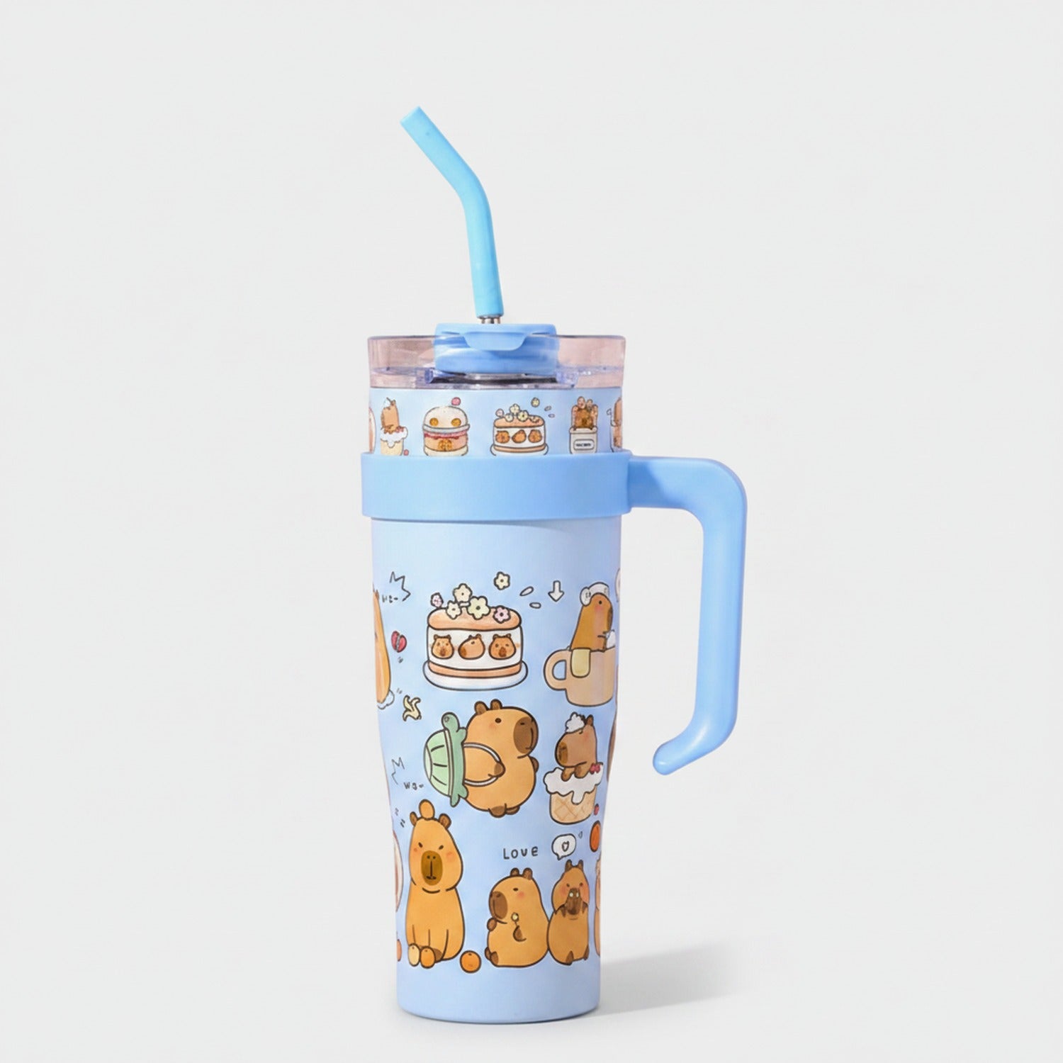 Pink Capybara Printed Tumbler With Handle And Straw