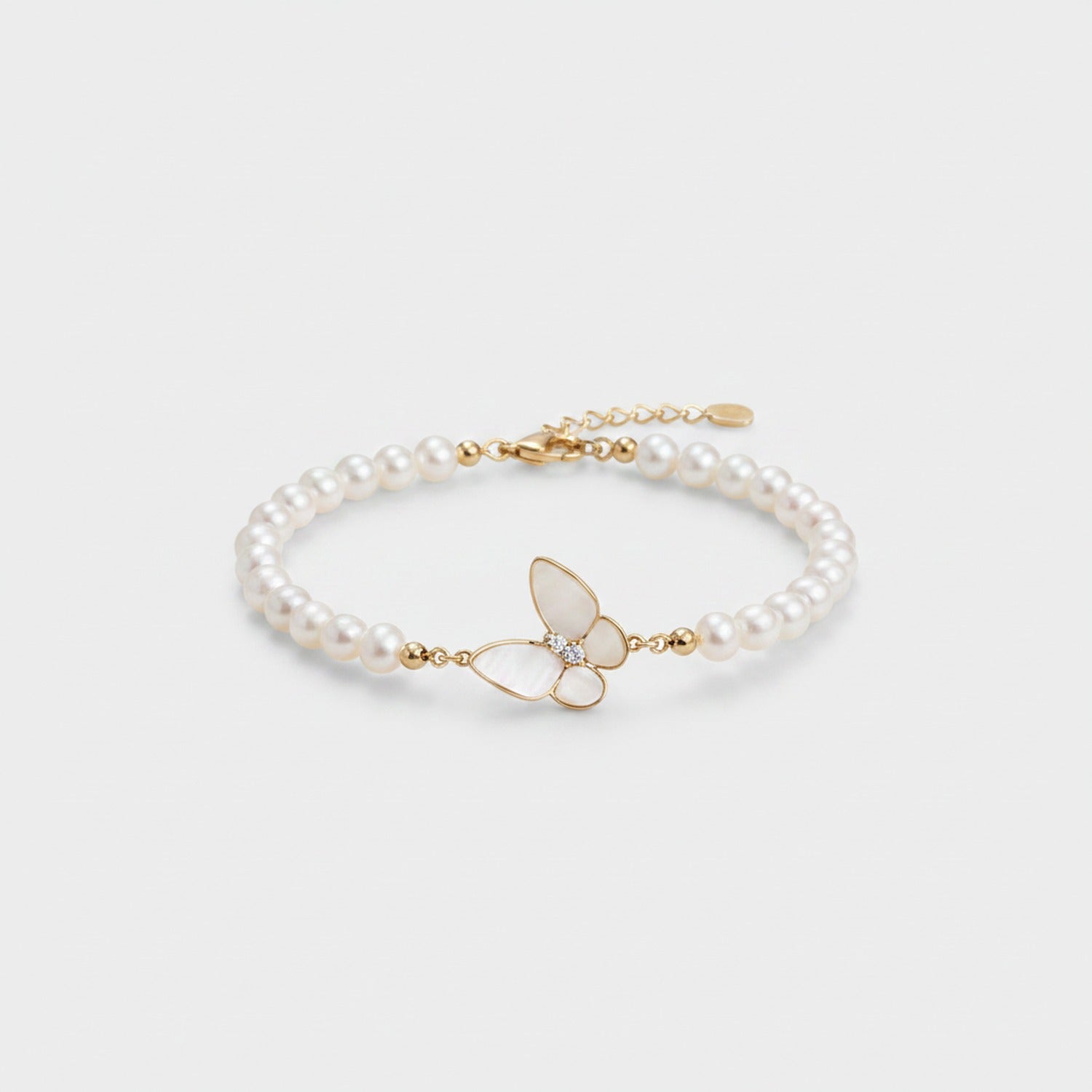 Pearl Beaded Butterfly Charm Bracelet Gold