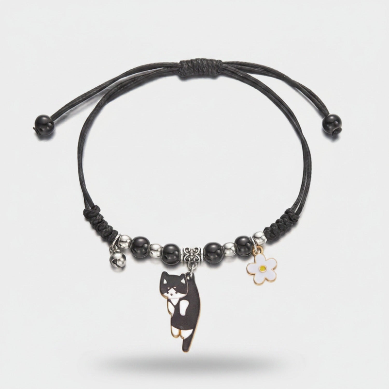 Pink Beaded Cat Charm Bracelet with Flower