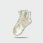 Cream Ribbed Ankle Socks With Pink Tulip Bow