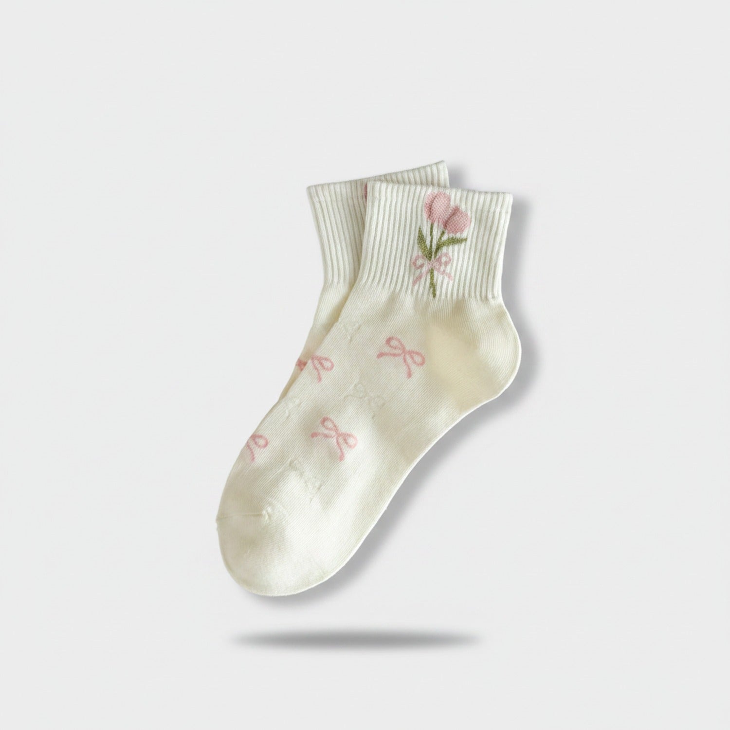 Cream Ribbed Ankle Socks With Pink Tulip Bow