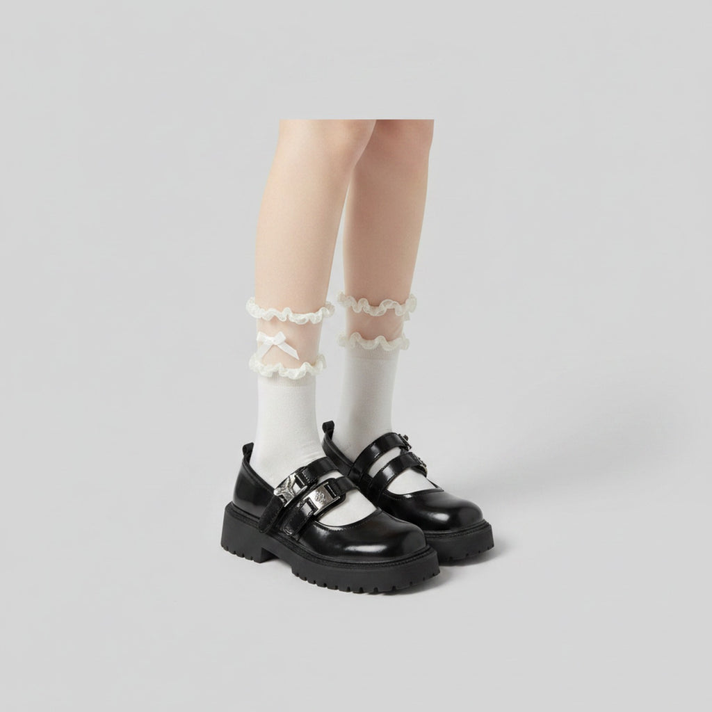 White Ruffle Lace Trim Crew Socks