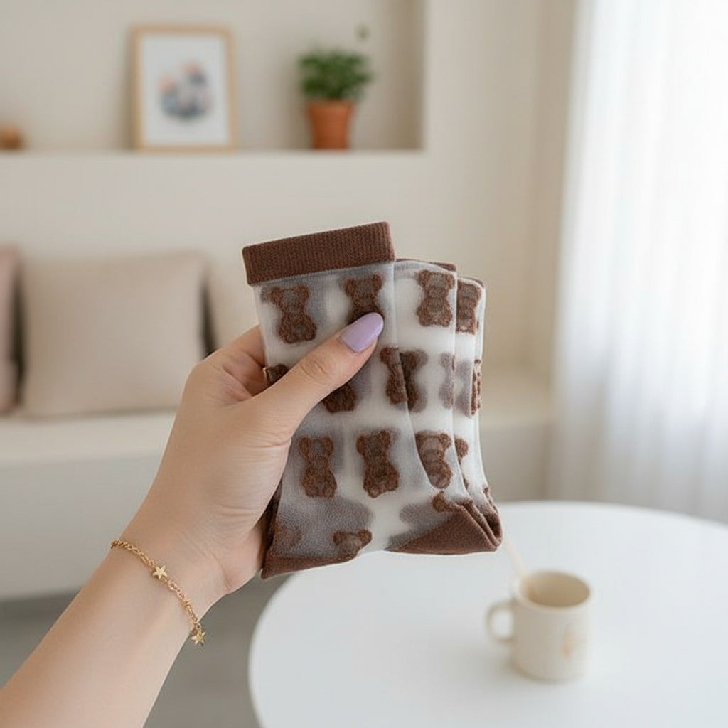 Brown Teddy Bear Crew Socks