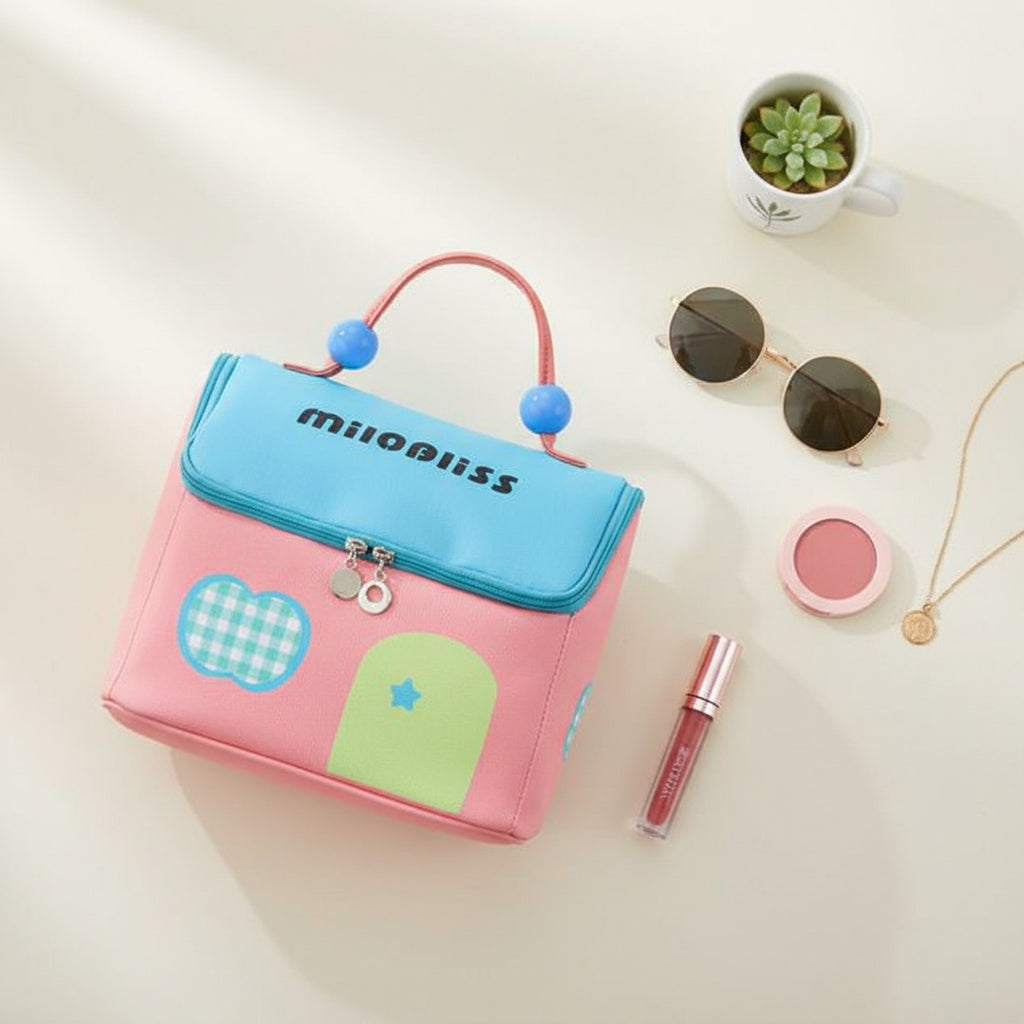 Cute Pink Toiletry Bag With Blue Beaded Handles