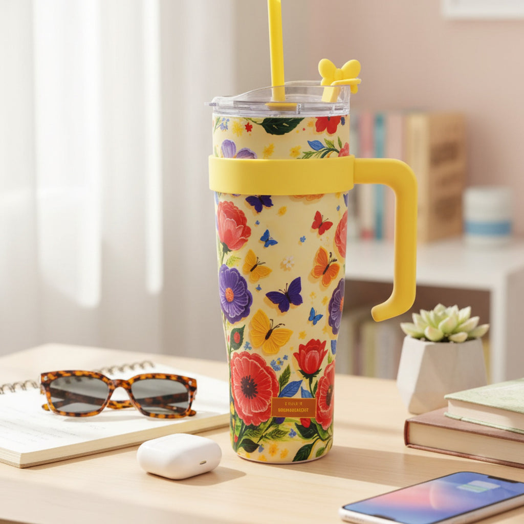 Butterfly Flower Yellow Insulated Tumbler With Straw