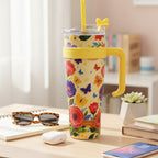 Butterfly Flower Yellow Insulated Tumbler With Straw