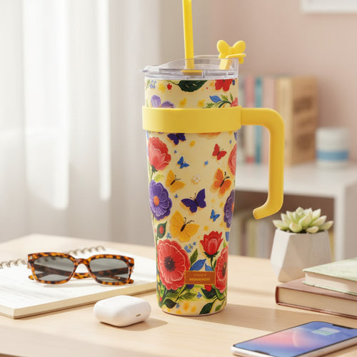 Butterfly Flower Yellow Insulated Tumbler With Straw – novelty & toys (view 2)