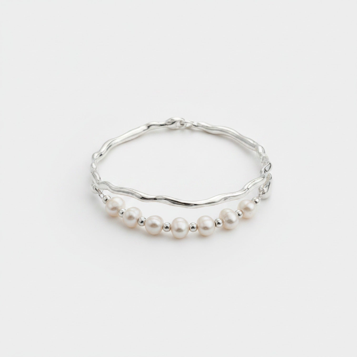 Pearl and Silver Beaded Bangle Bracelet