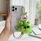 Lime Green Fuzzy Monster Acrylic Keyring With Beaded Chain