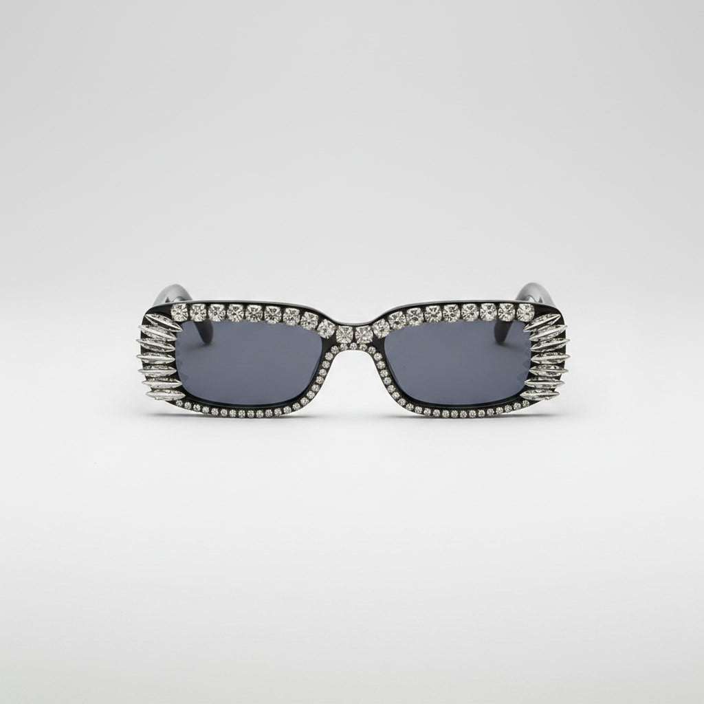 Black Rhinestone Rectangle Sunglasses With Fringe Detail