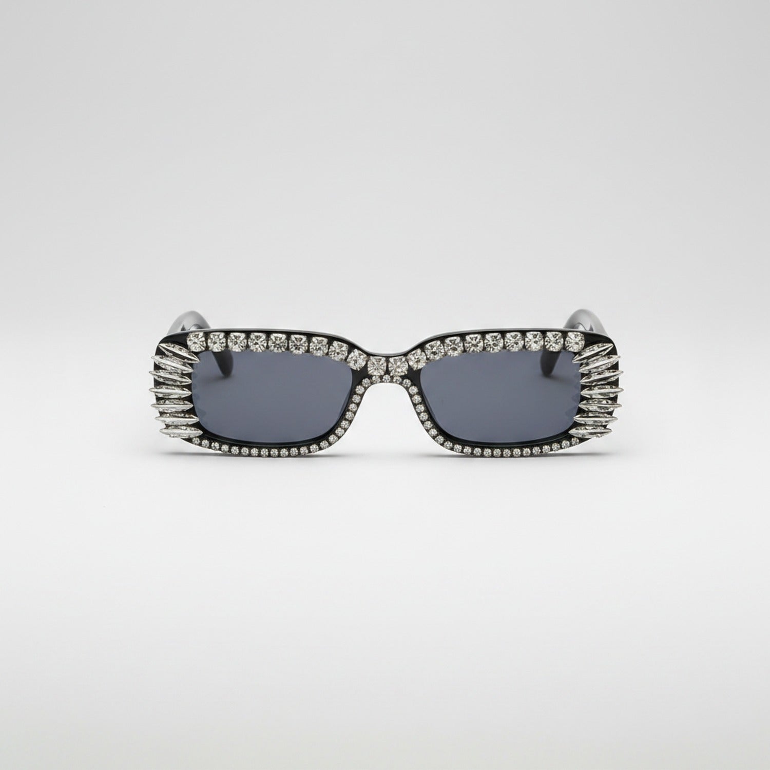 Black Rhinestone Rectangle Sunglasses With Fringe Detail