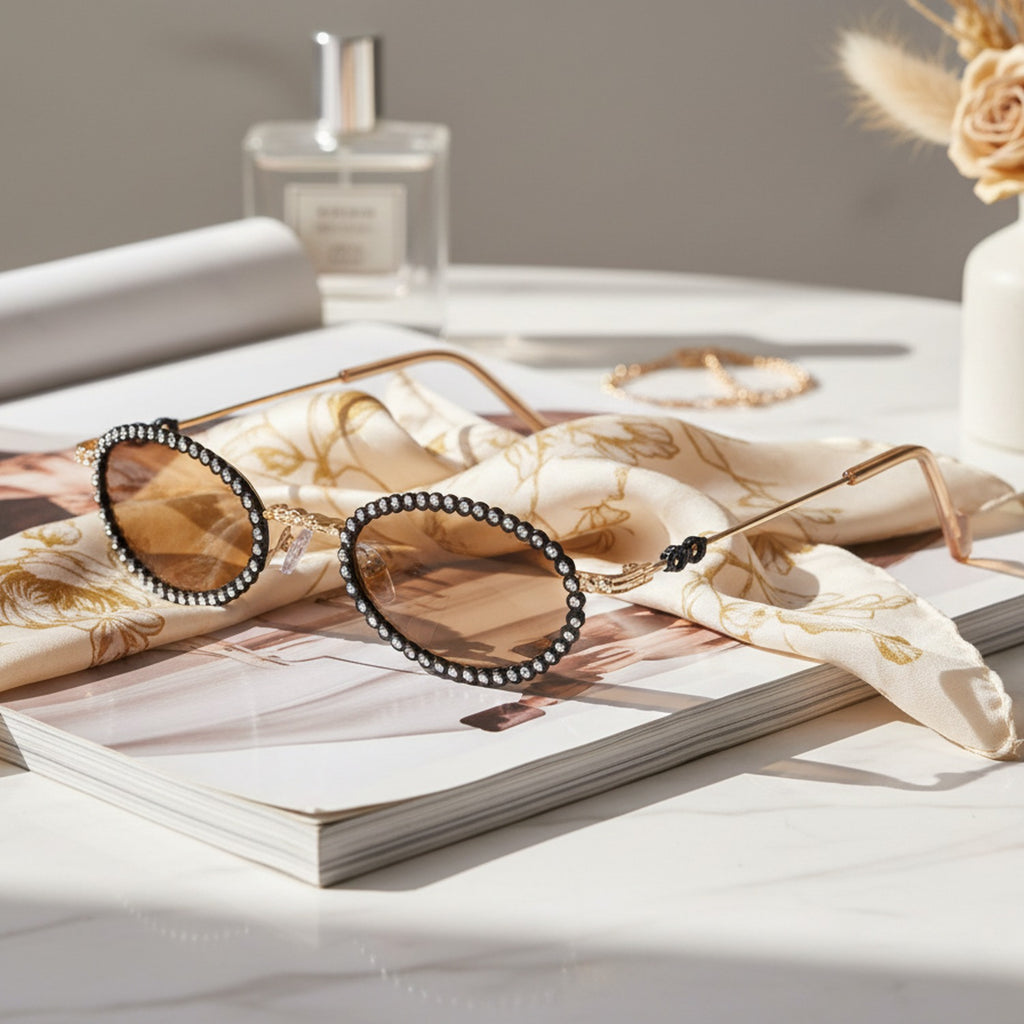 Oval Beaded Black Metal Sunglasses With Tan Lens