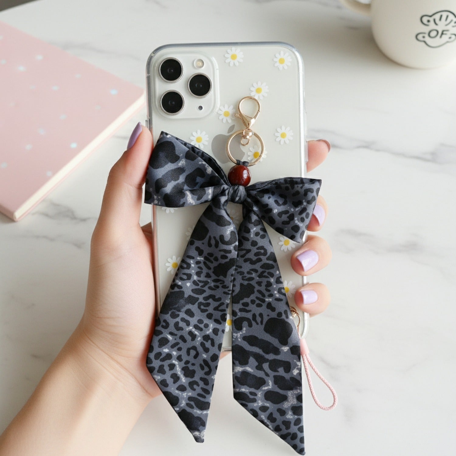 Leopard Print Acrylic Keyring With Bow Charm