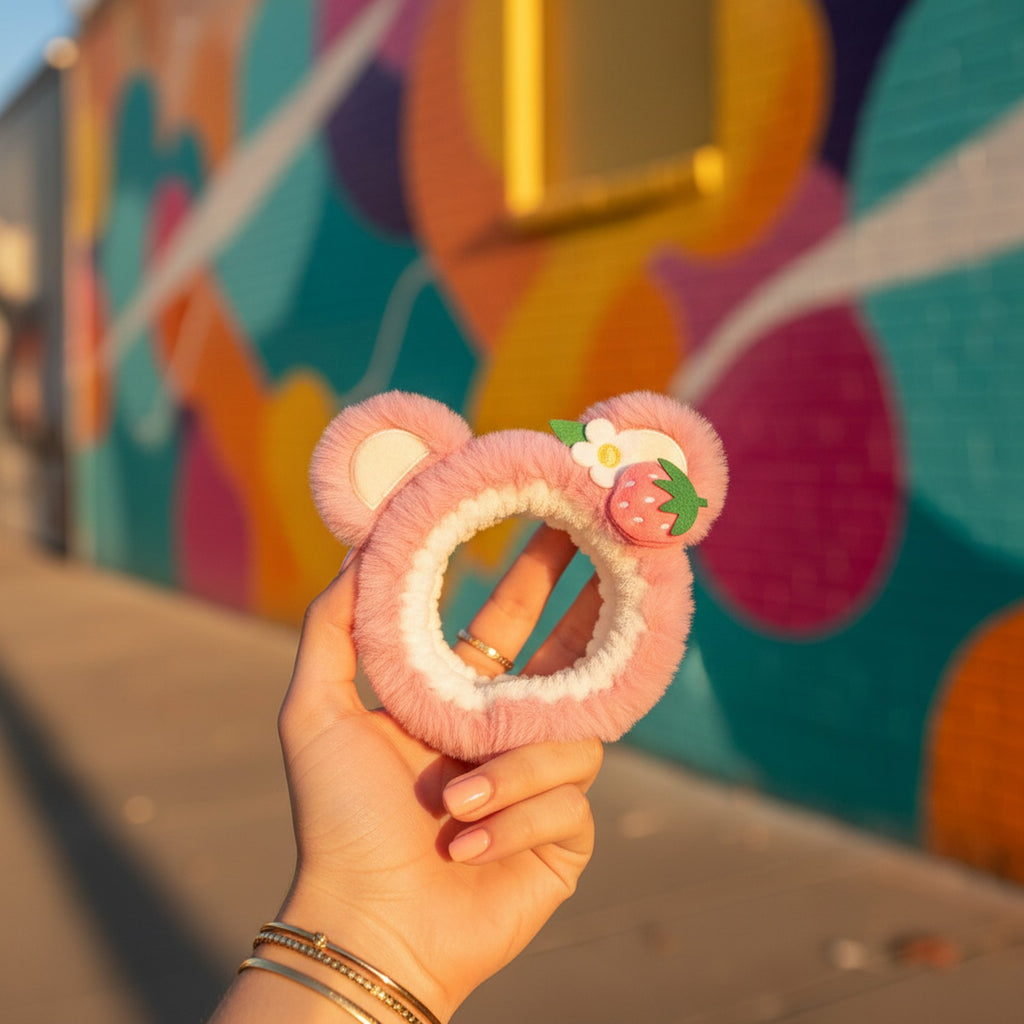 Pink Plush Bear Hairband With Flower Charm