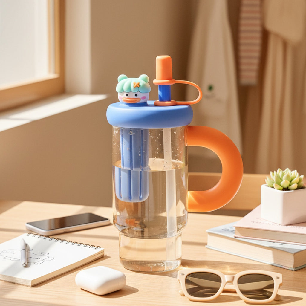 Cute Duck Character Glass Tumbler with Orange Handle