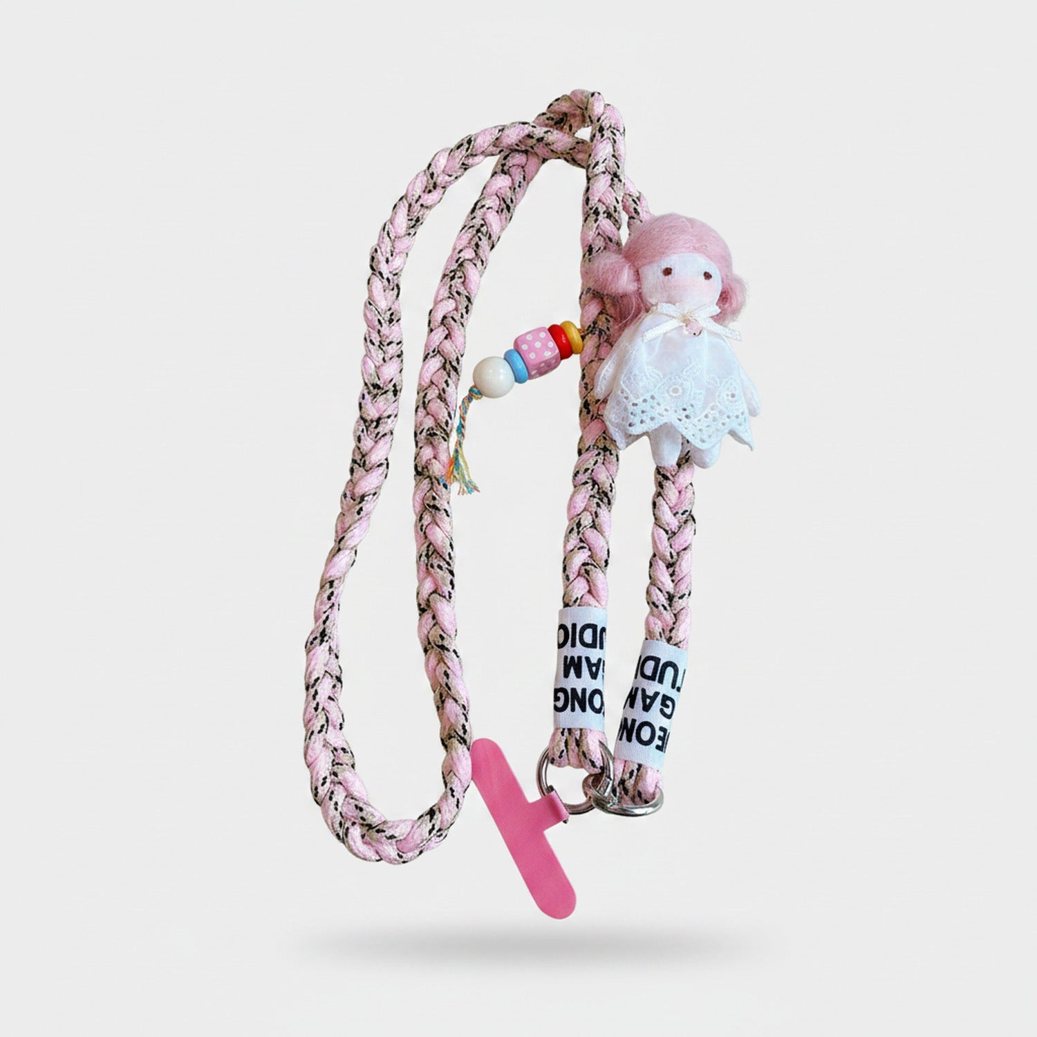 Pink Braided Rope Phone Charm With Doll Accessory