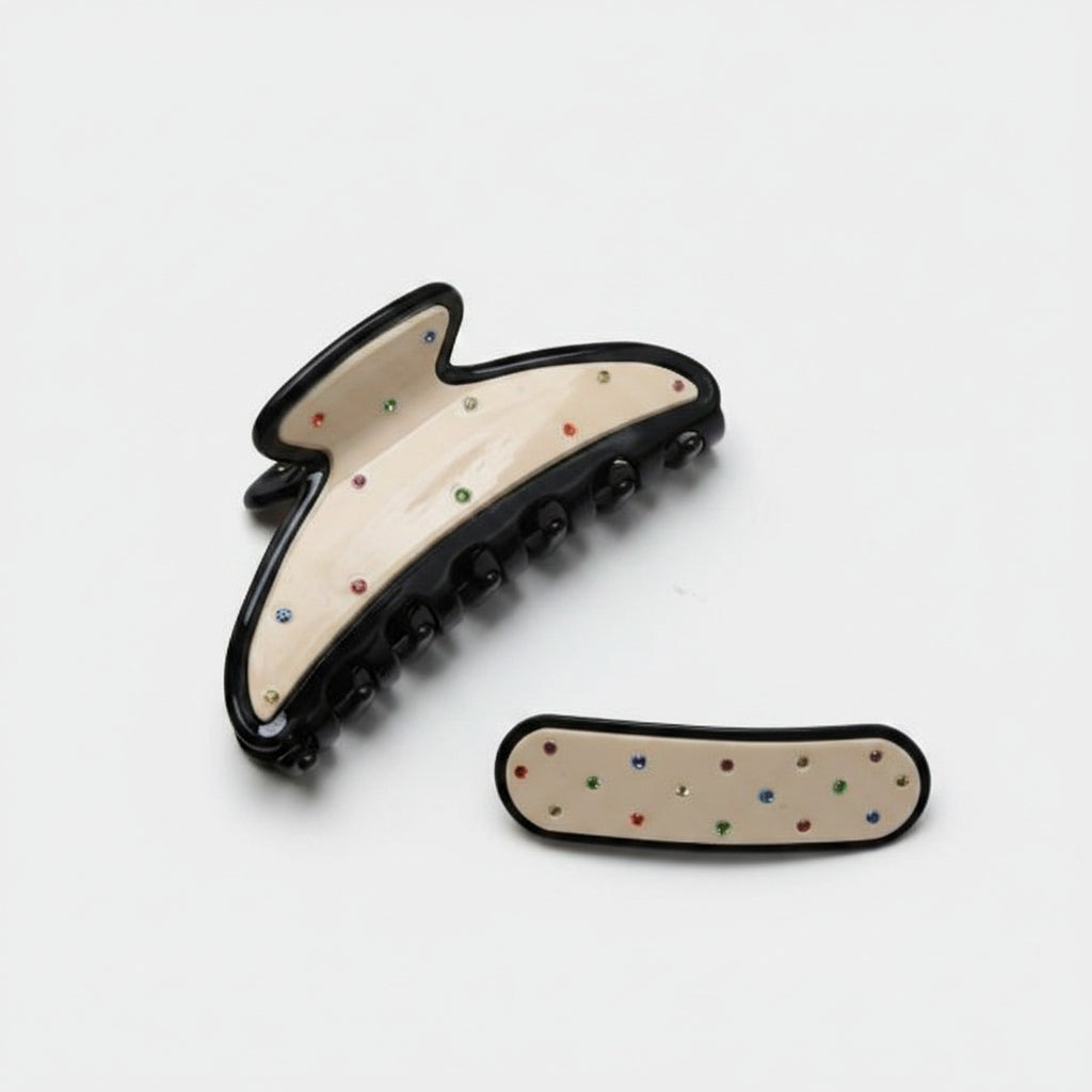 Rhinestone Hair Claw Clip Set Cream Black