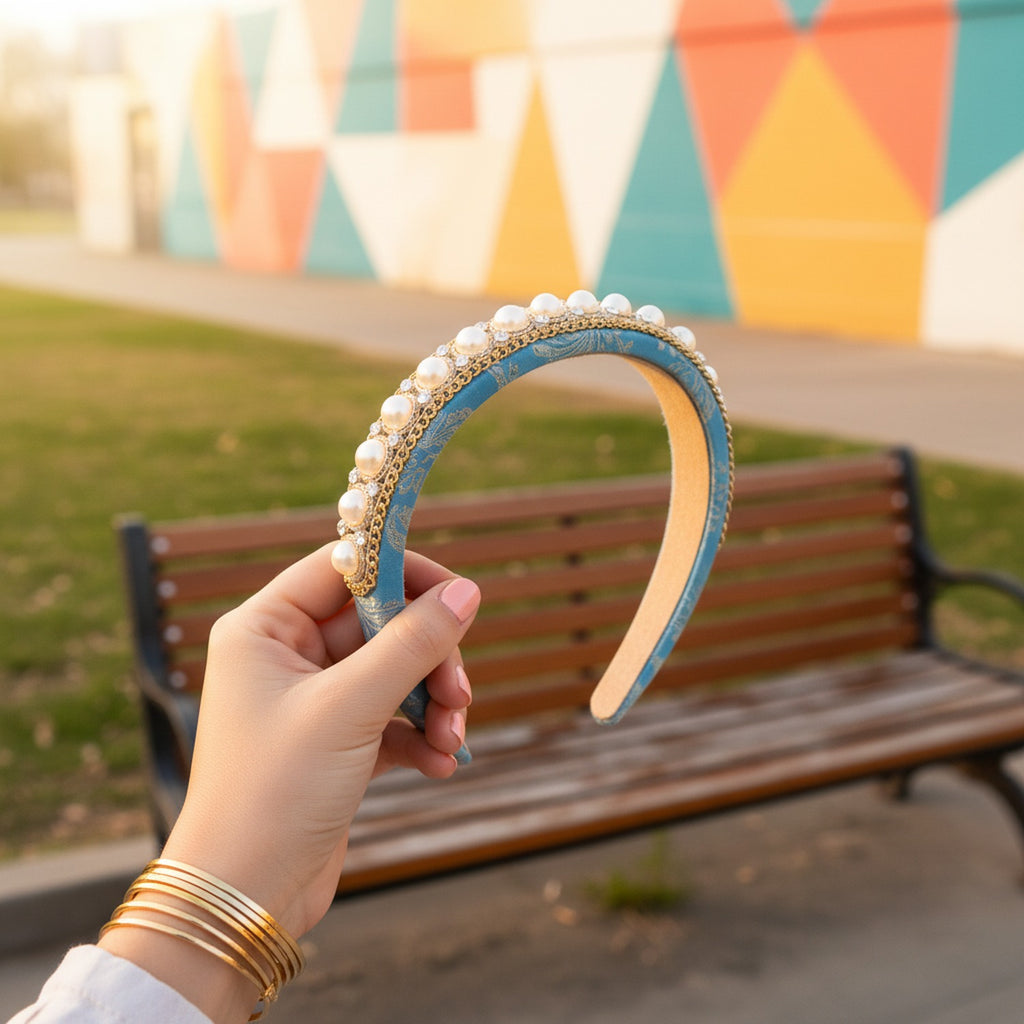 Pearl Beaded Gold Padded Headband