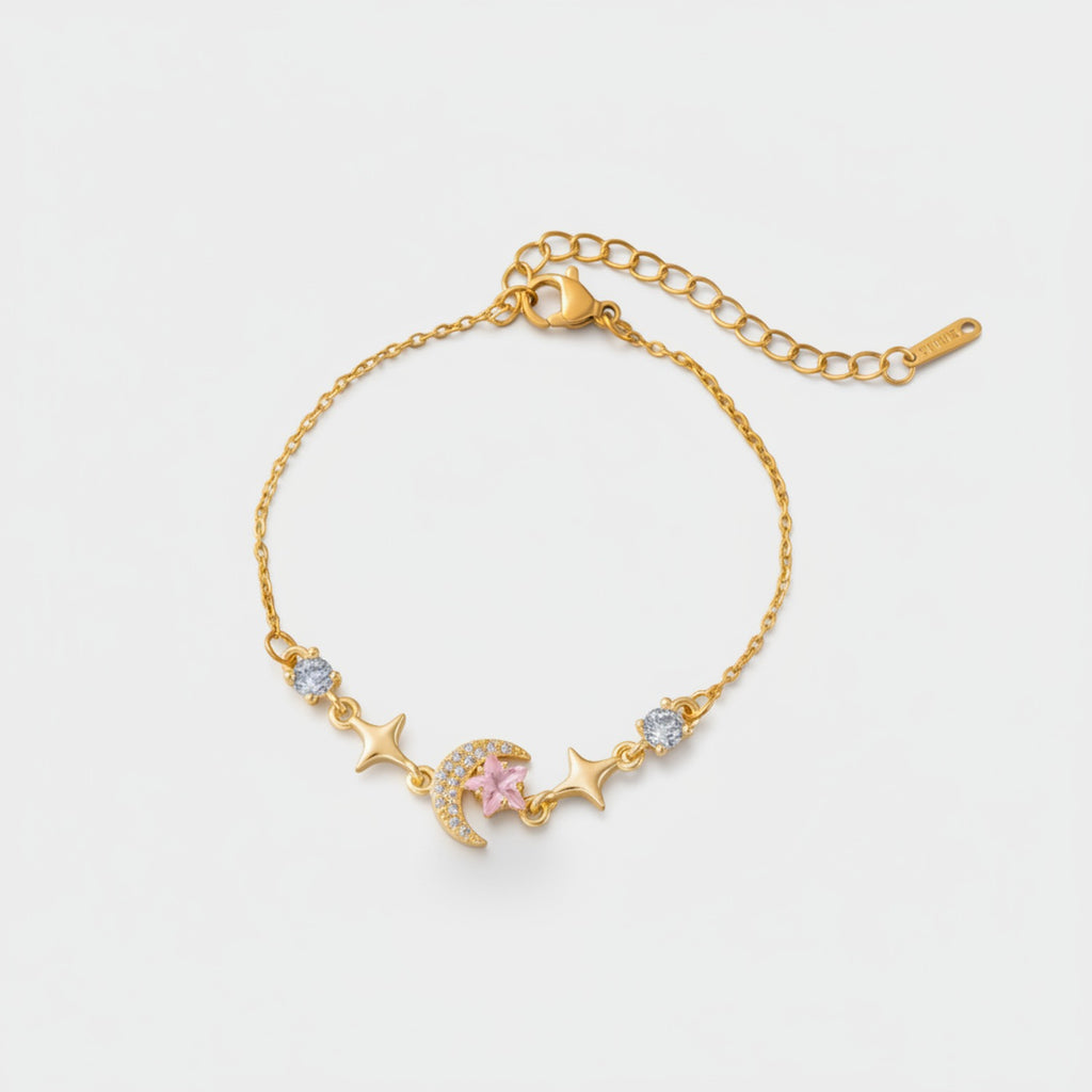 Gold Moon Star Charm Bracelet With Rhinestones