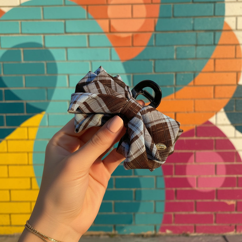 Plaid Bow Hair Claw Clip Blue Brown