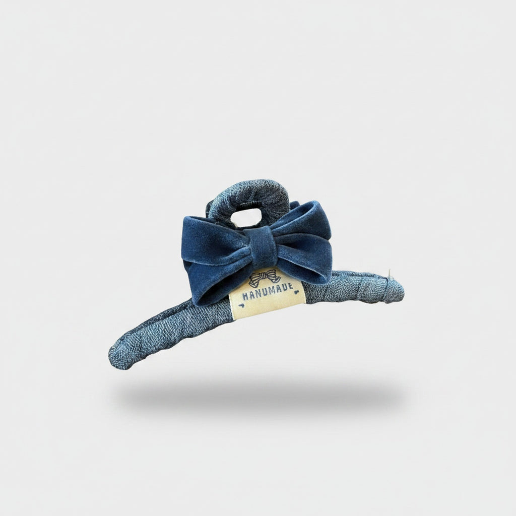 Blue Textured Hair Claw With Velvet Bow