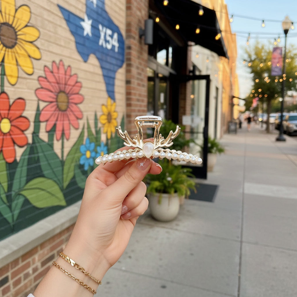 Gold Antler Pearl Rhinestone Hair Claw