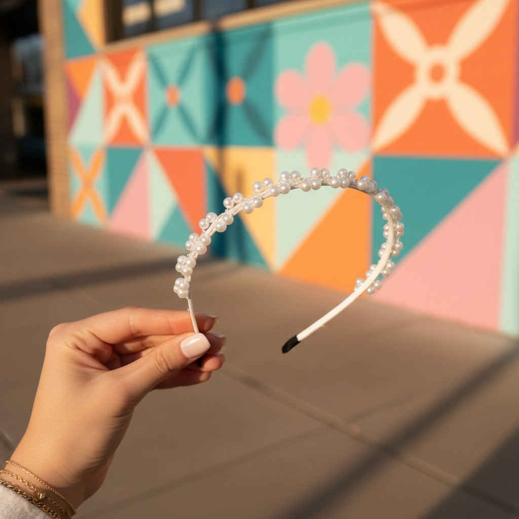 Pearl Beaded Padded Headband White