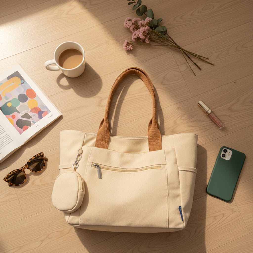 Cream Canvas Tote Bag With Circular Charm