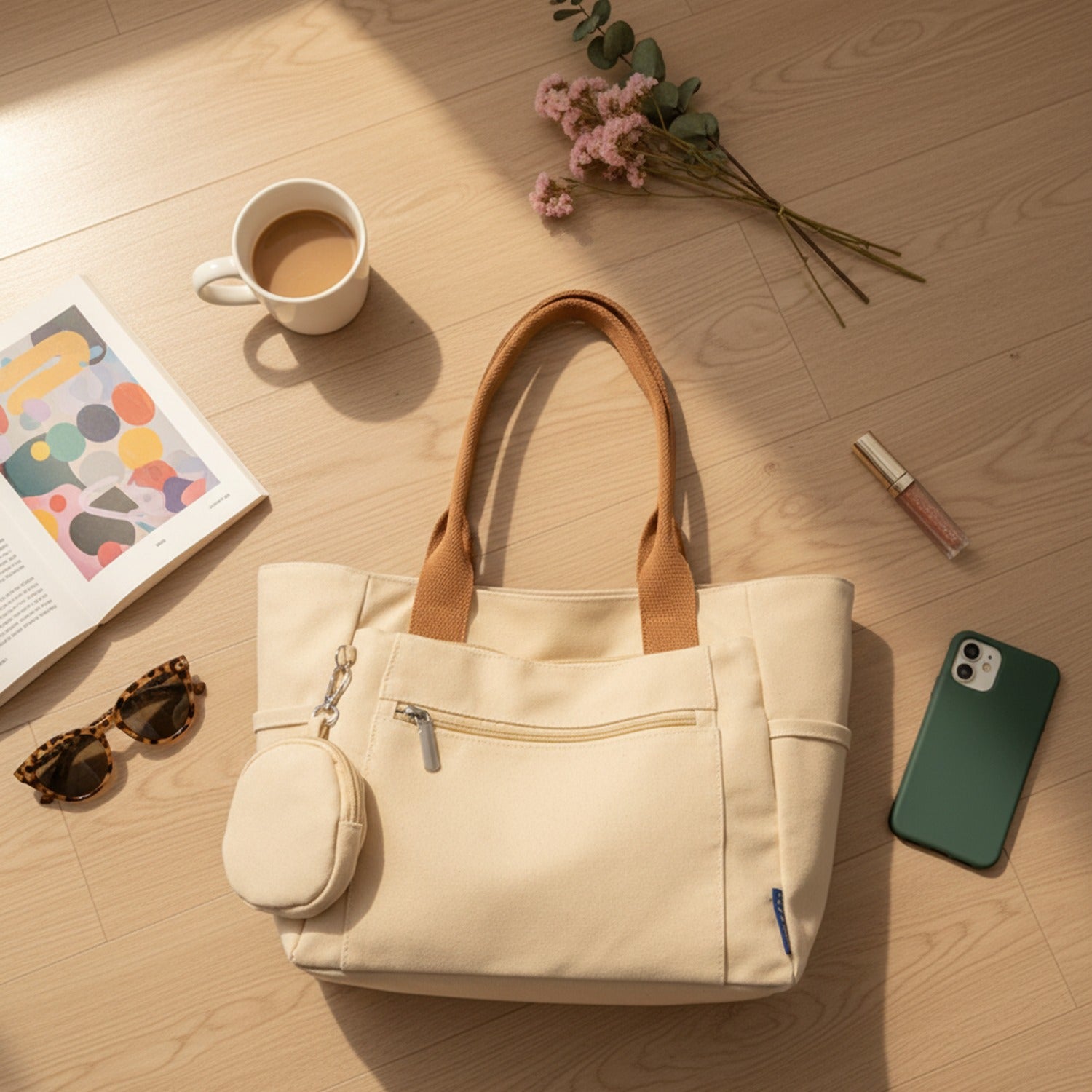 Cream Canvas Tote Bag With Circular Charm