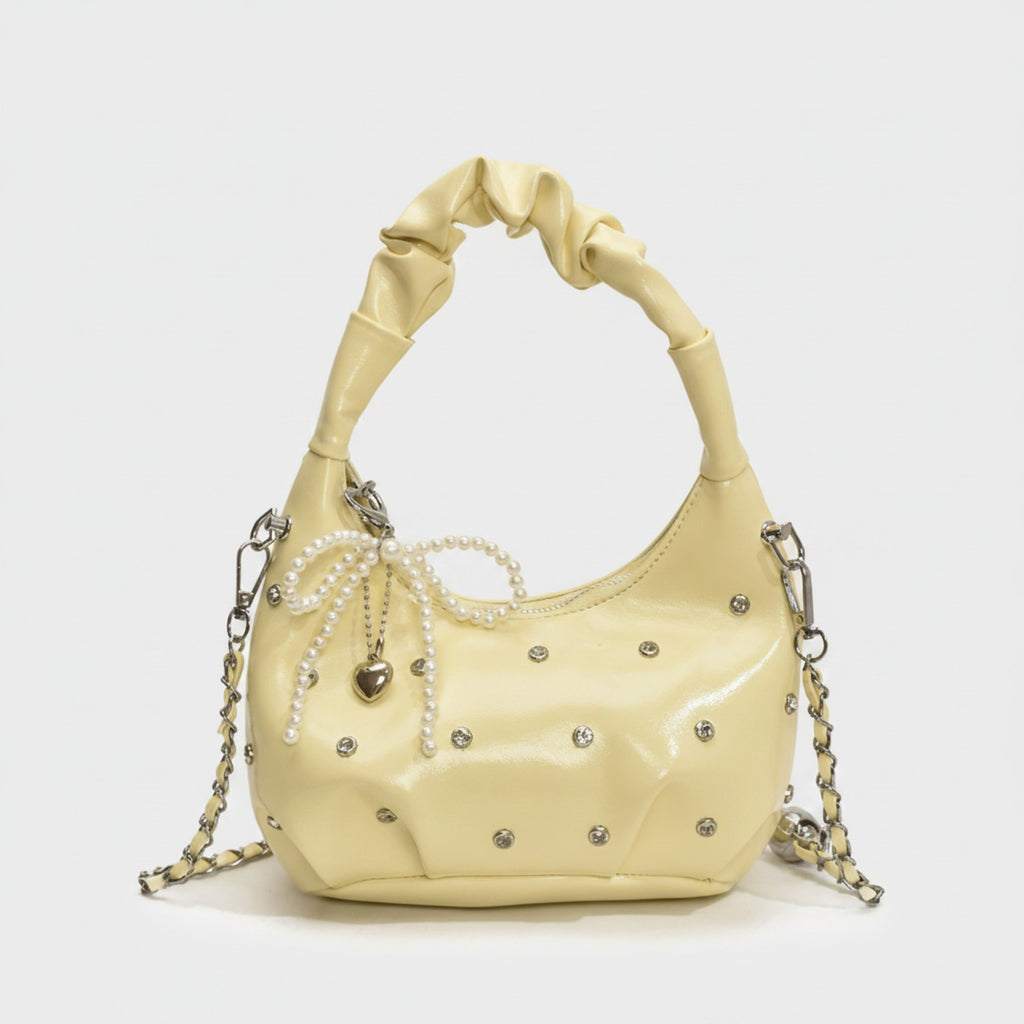 Cream Patent Hobo Bag With Pearl Drape Charms