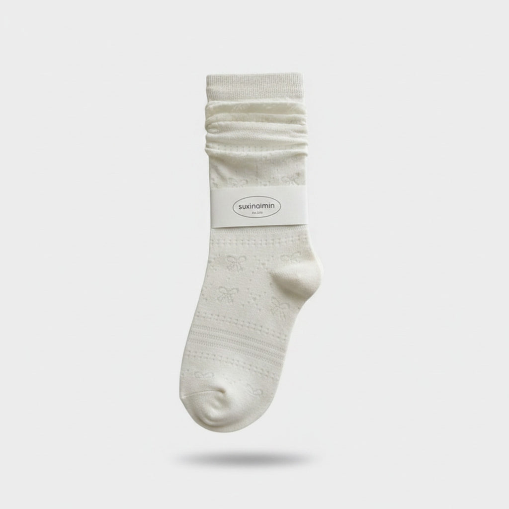 Cream Ruched Crew Socks with Textured Knit Detail