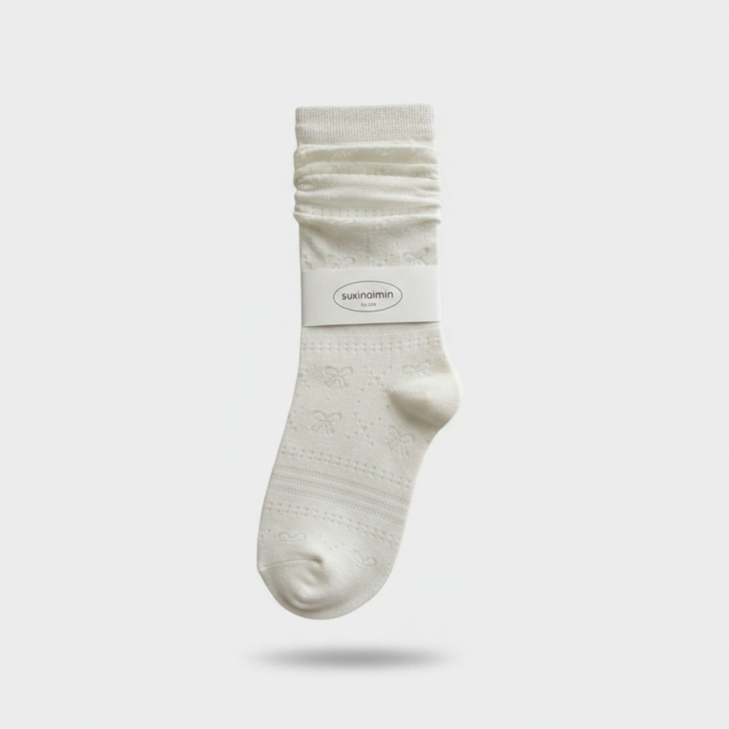 Cream Ruched Crew Socks with Textured Knit Detail