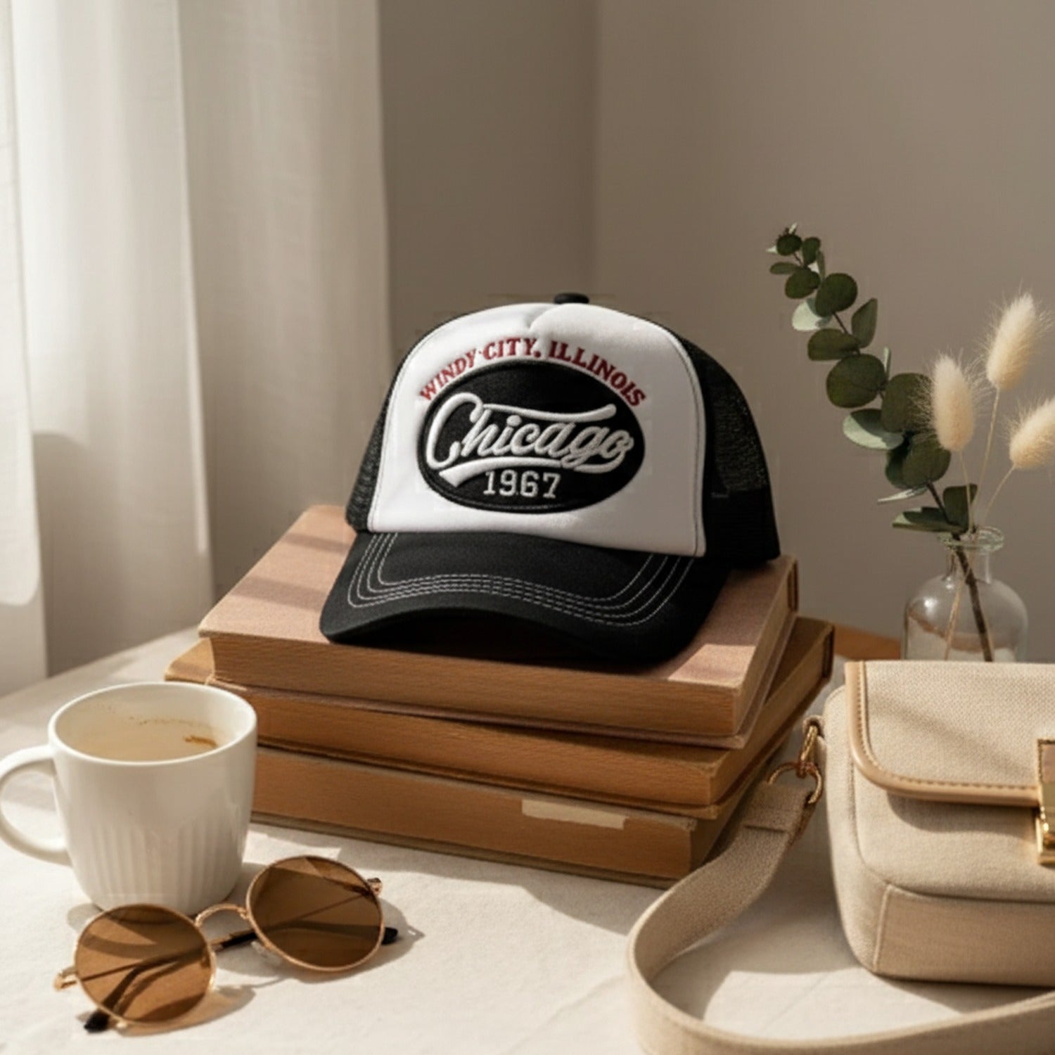 Chicago Windy City Trucker Cap Black White