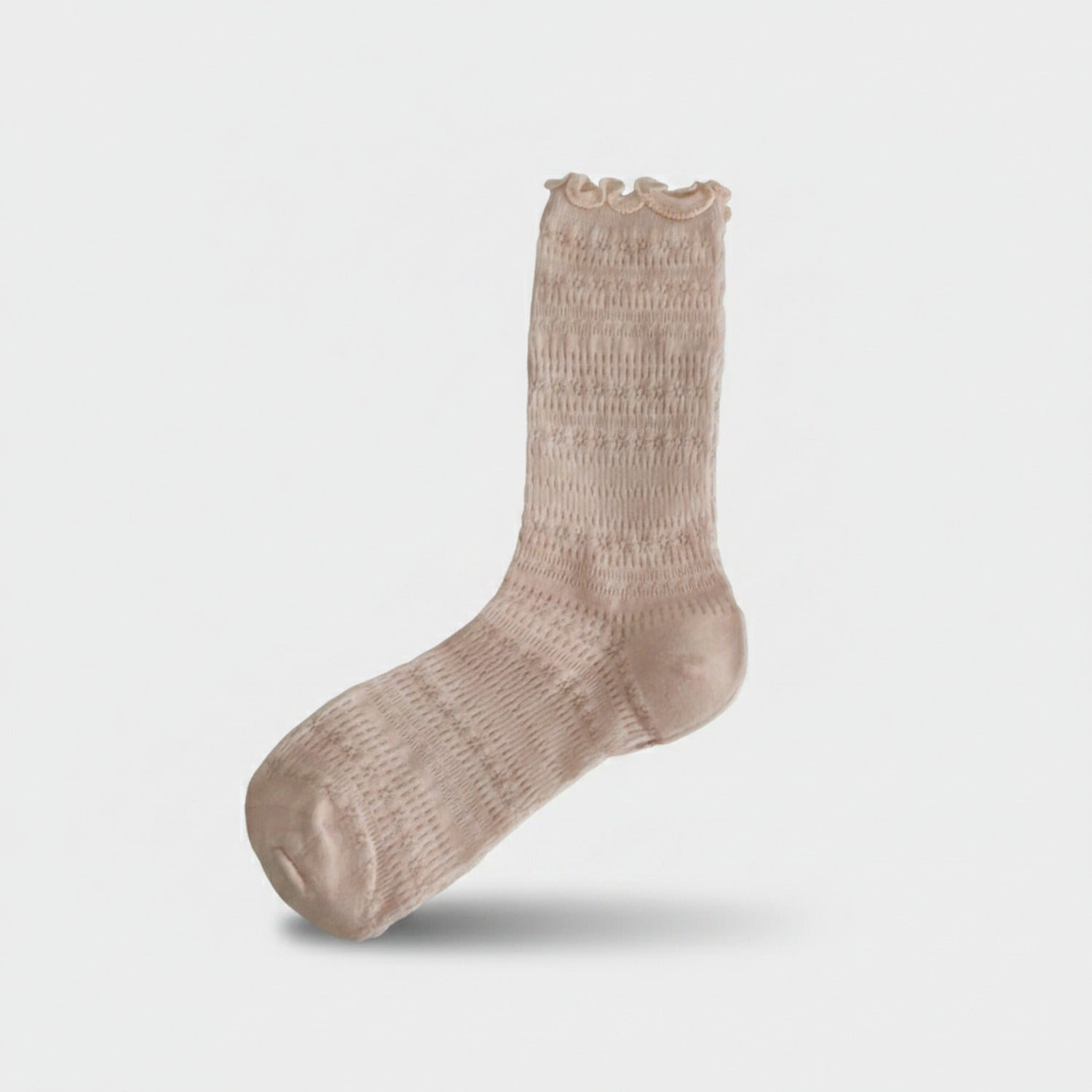 White Textured Crew Socks With Ruffle Trim