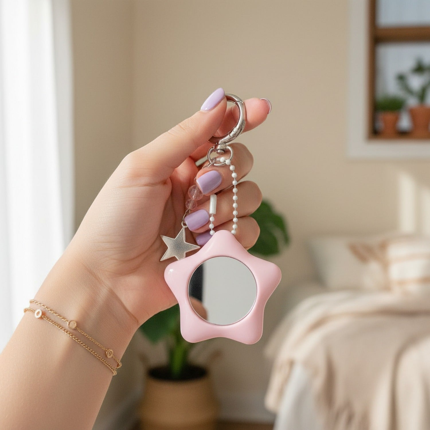 Star Pink Acrylic Keyring With Mirror Charm
