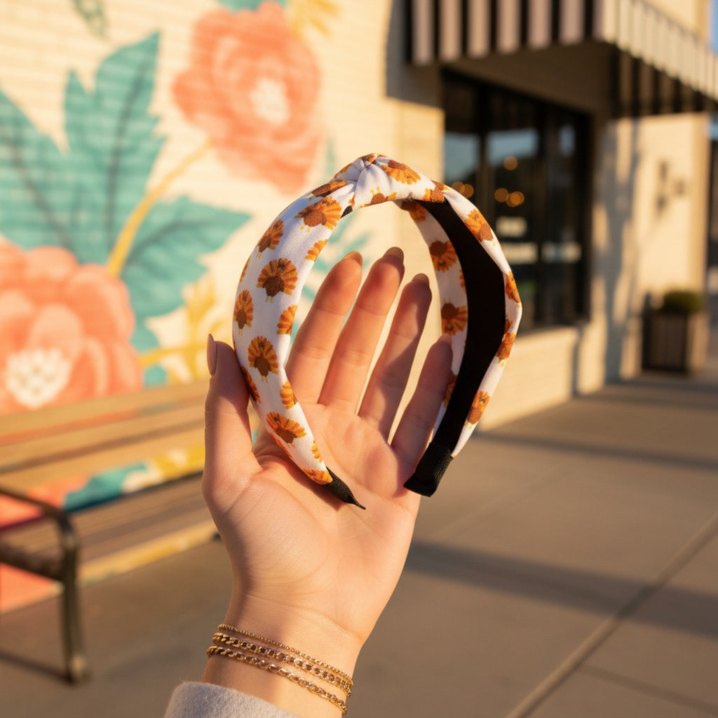 Orange Floral Padded Headband With Black Trim