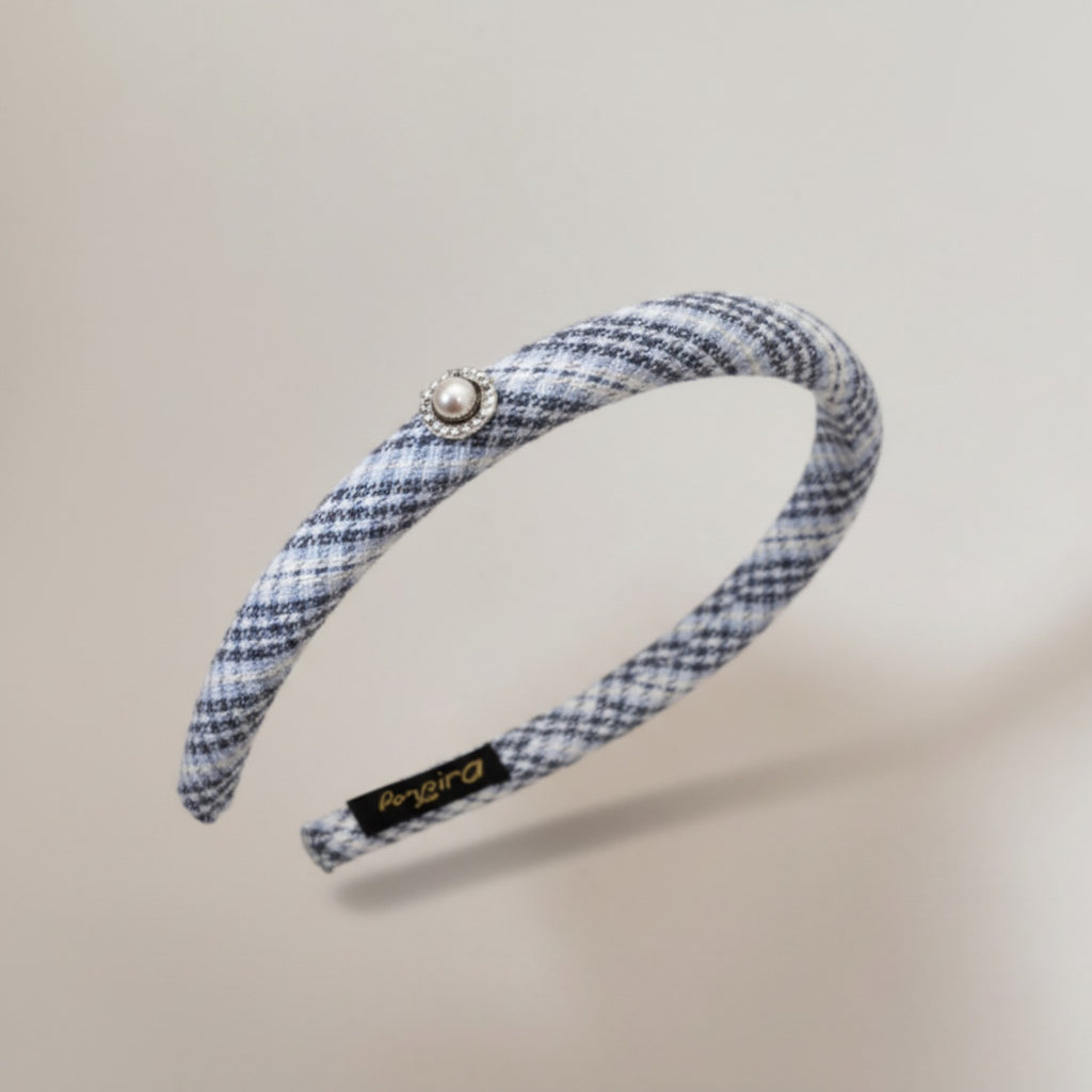 Blue Gingham Pearl Padded Headband