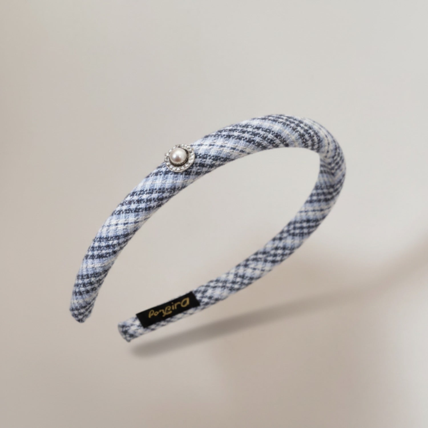 Blue Gingham Pearl Padded Headband